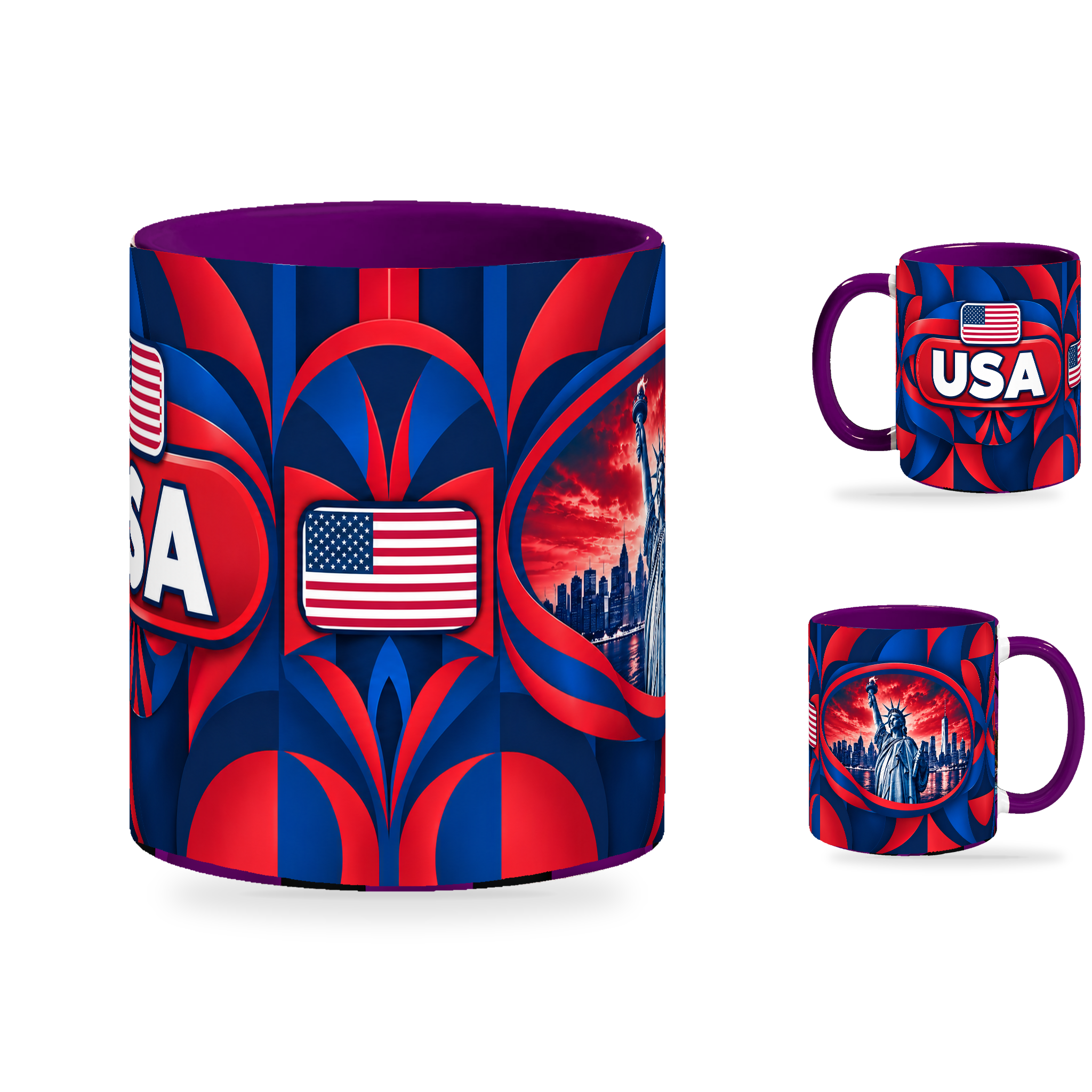 USA Mug Purple – 320ml with purple handle, showing the centered flag view plus companion country-name and landmark views of the glossy full-wrap design by Fann Bliss.