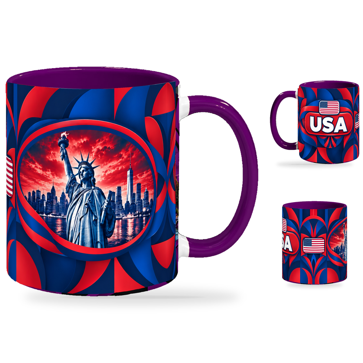 USA Mug Purple – 320ml with purple handle, showing the landmark side plus companion country-name and centered-flag views of the glossy full-wrap design by Fann Bliss.