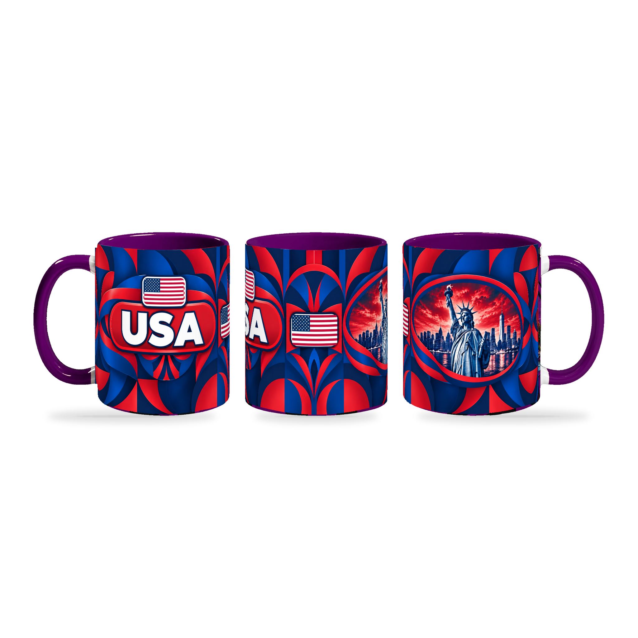 USA Mug Purple – 320ml with purple handle, shown in three matching angles of the glossy full-wrap design by Fann Bliss.