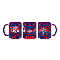 USA Mug Purple – 320ml with purple handle, shown in three matching angles of the glossy full-wrap design by Fann Bliss.