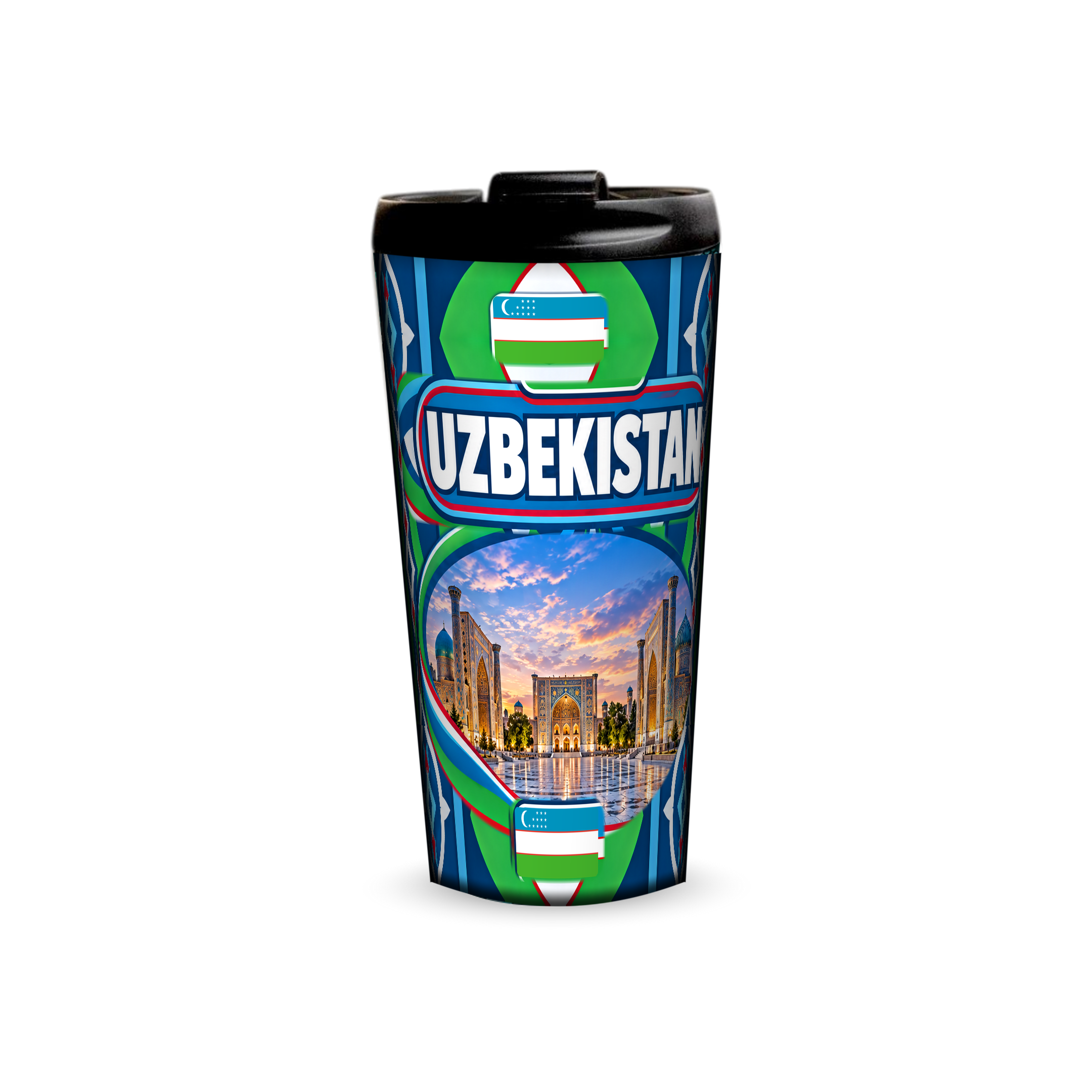 Uzbekistan 480ml tumbler front view with country design