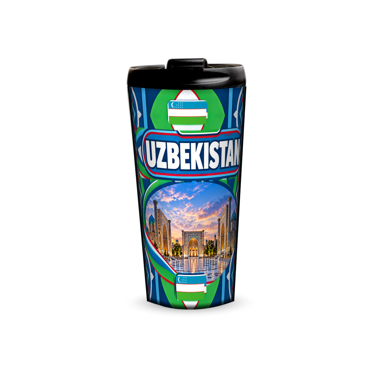 Uzbekistan 480ml tumbler front view with country design