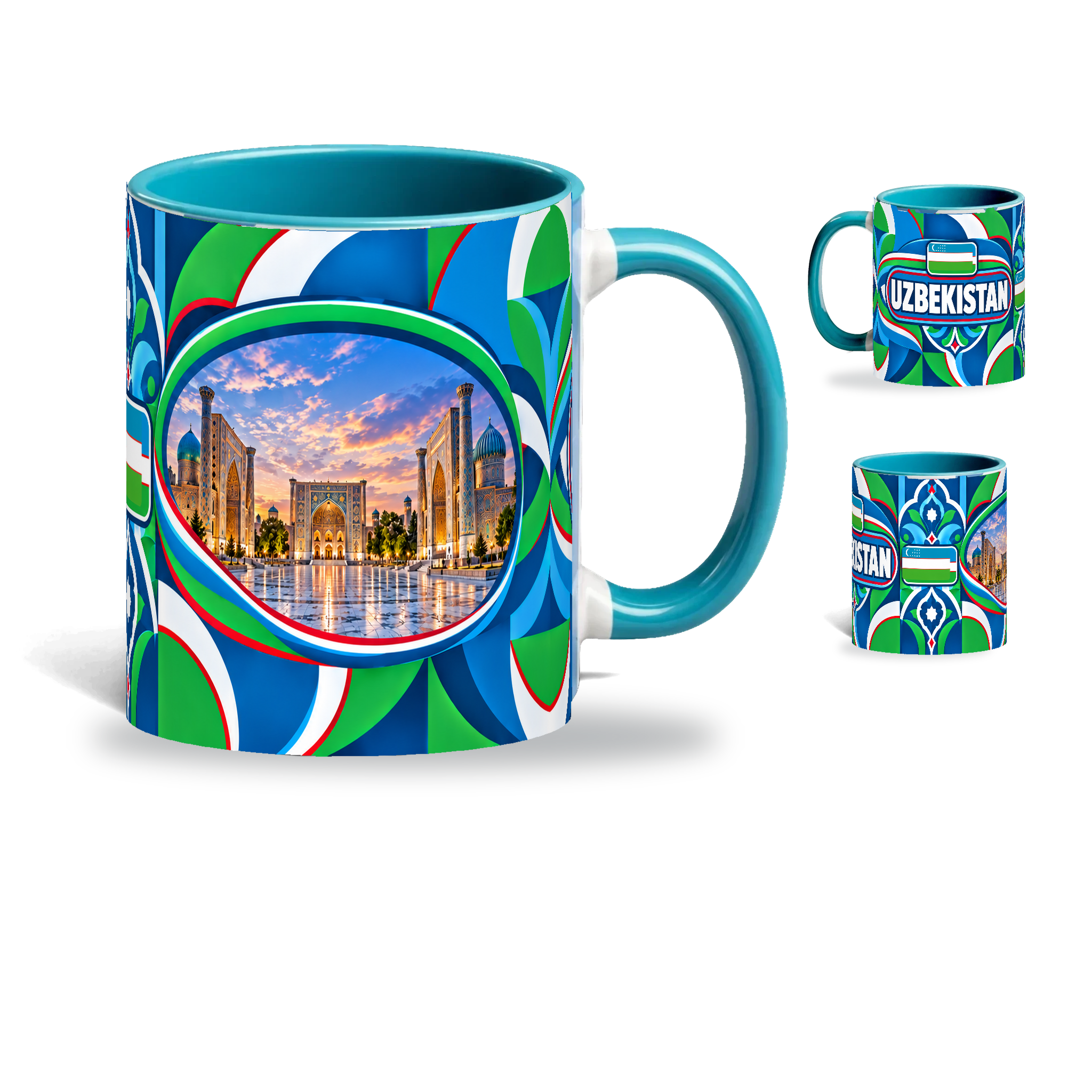 Uzbekistan Mug – 320ml with teal handle, showing the landmark side plus companion country-name and centered-flag views of the glossy full-wrap design by Fann Bliss.