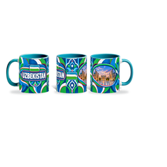 Uzbekistan Mug – 320ml with teal handle, shown in three matching angles of the glossy full-wrap design by Fann Bliss.