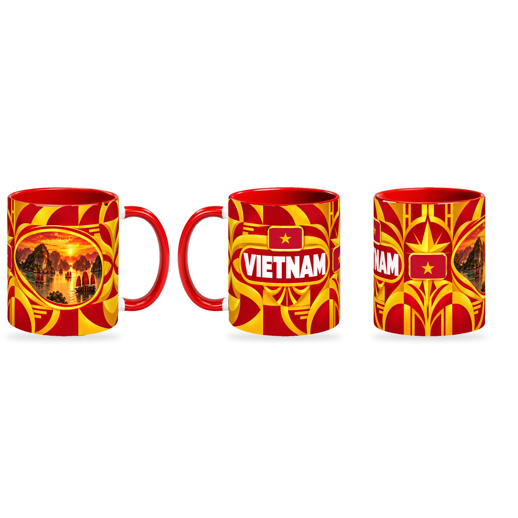 Vietnam Mug – 320ml — three matching angles together on a white background with a soft shadow