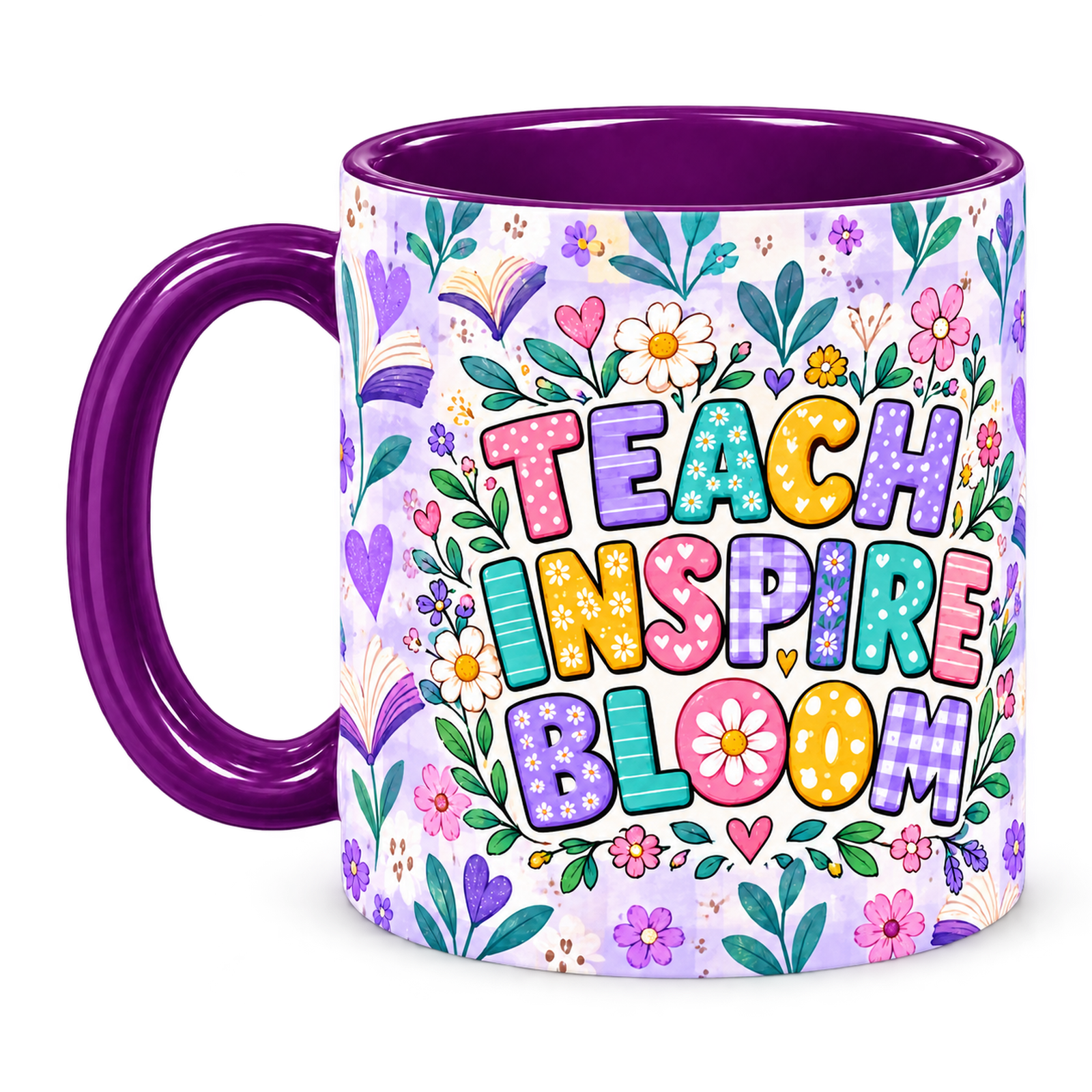 Violet Book Garden Teacher Mug, purple – left handle view: Teach Inspire Bloom