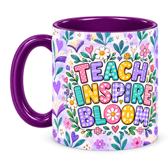 Violet Book Garden Teacher Mug, purple – left handle view: Teach Inspire Bloom