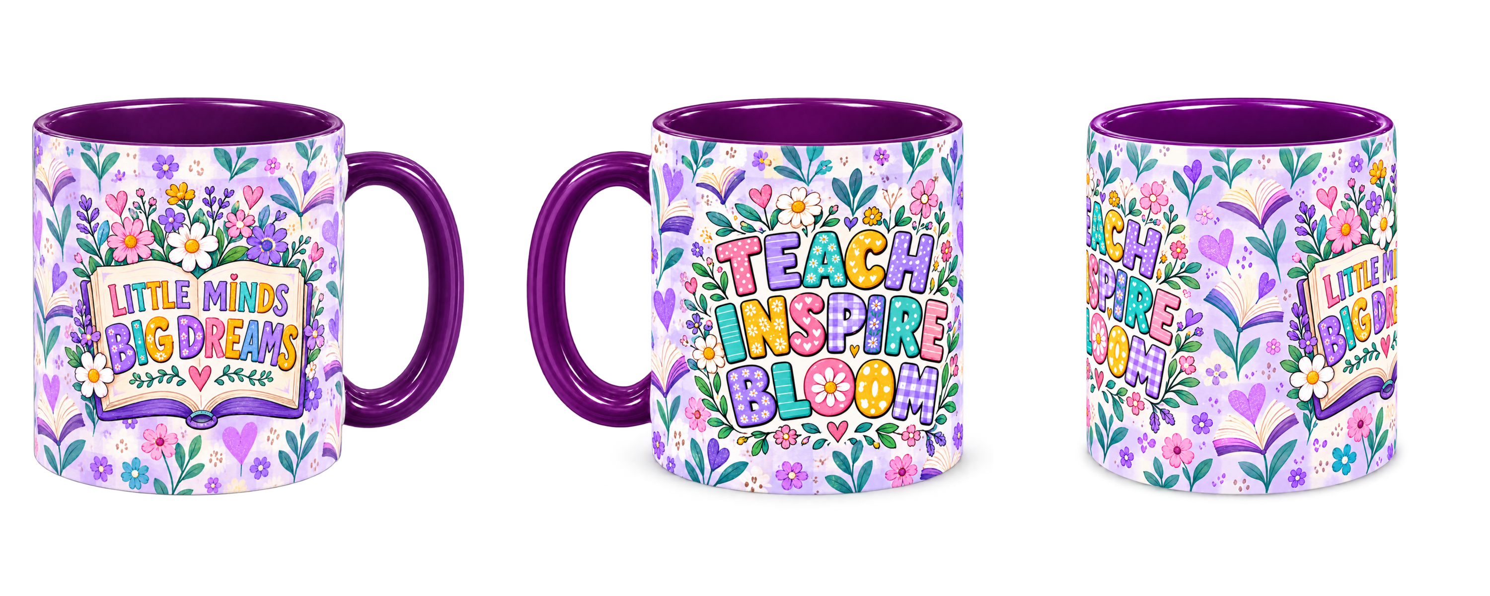 Violet Book Garden Teacher Mug, purple – three matching views