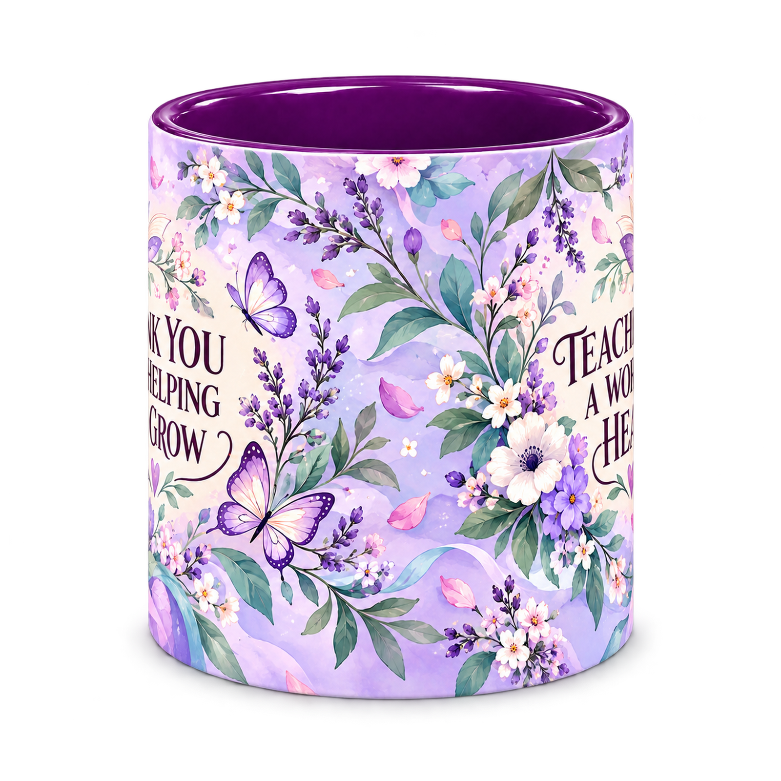 Violet Butterfly Lessons Teacher Mug, purple – centre view of the full-wrap pattern