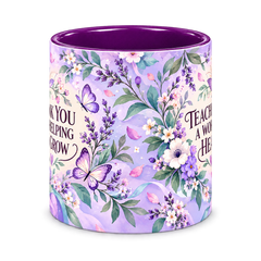 Violet Butterfly Lessons Teacher Mug, purple – centre view of the full-wrap pattern