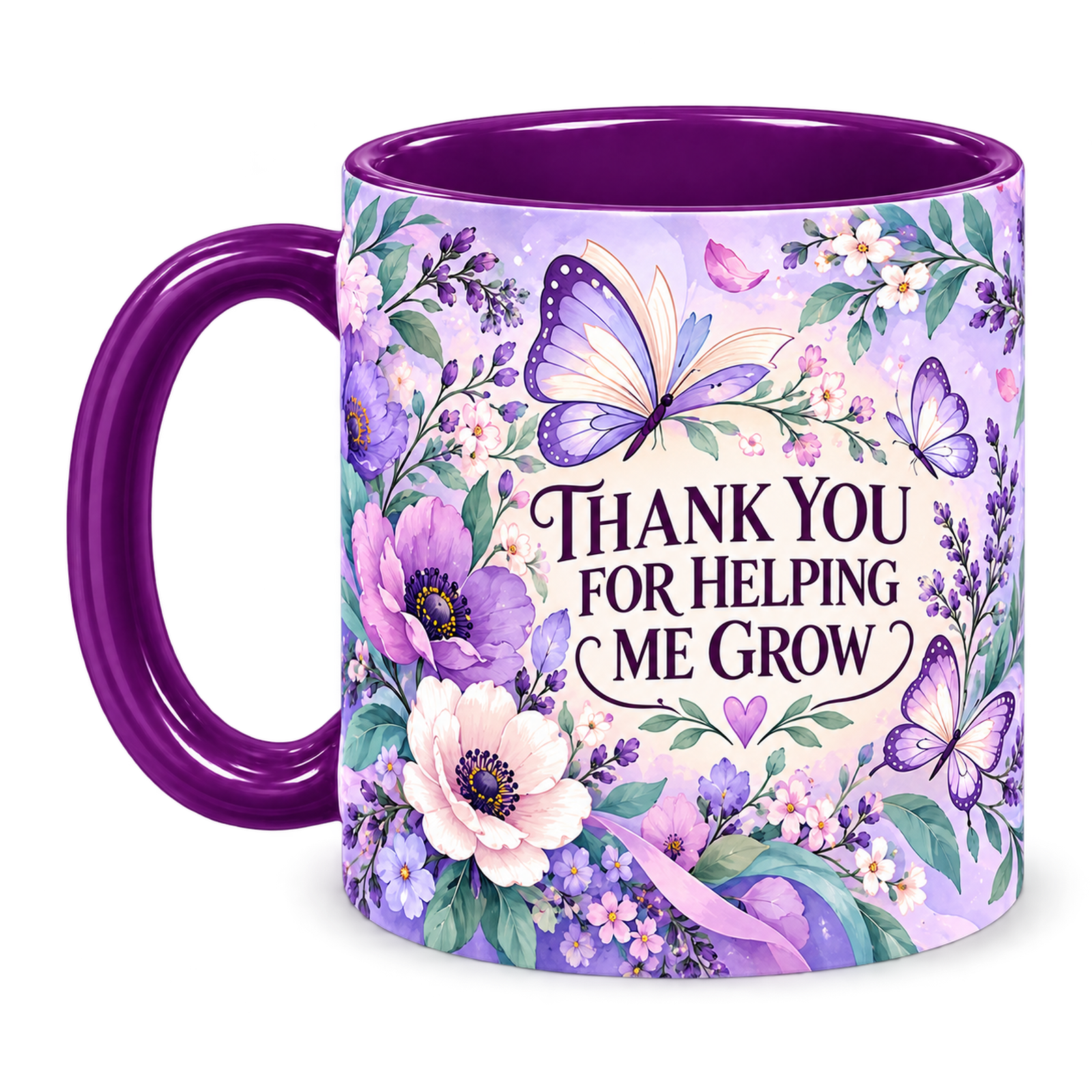 Violet Butterfly Lessons Teacher Mug, purple – handle on the left, THANK YOU FOR HELPING ME GROW