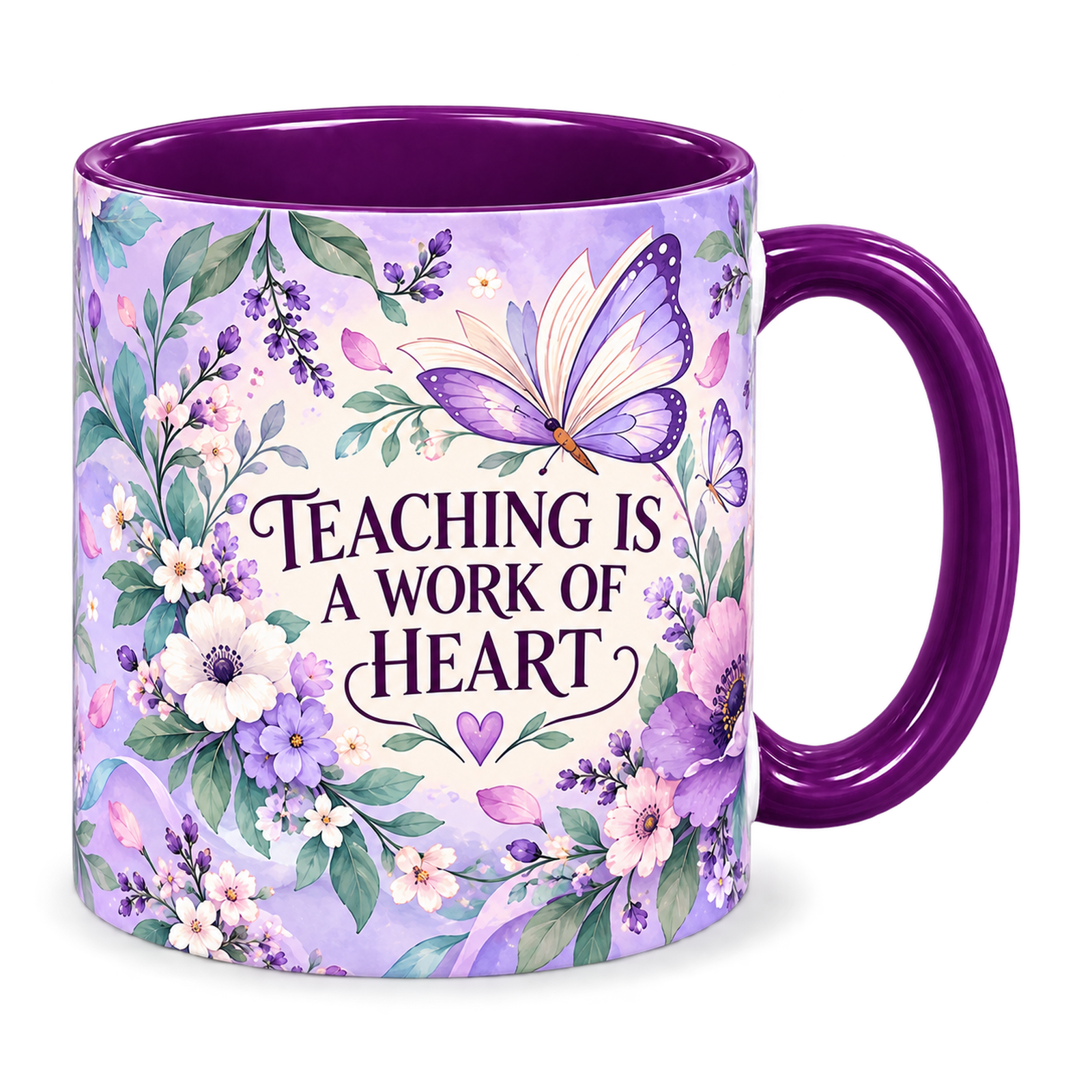 Violet Butterfly Lessons Teacher Mug, purple – handle on the right, TEACHING IS A WORK OF HEART