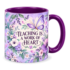 Violet Butterfly Lessons Teacher Mug, purple – handle on the right, TEACHING IS A WORK OF HEART