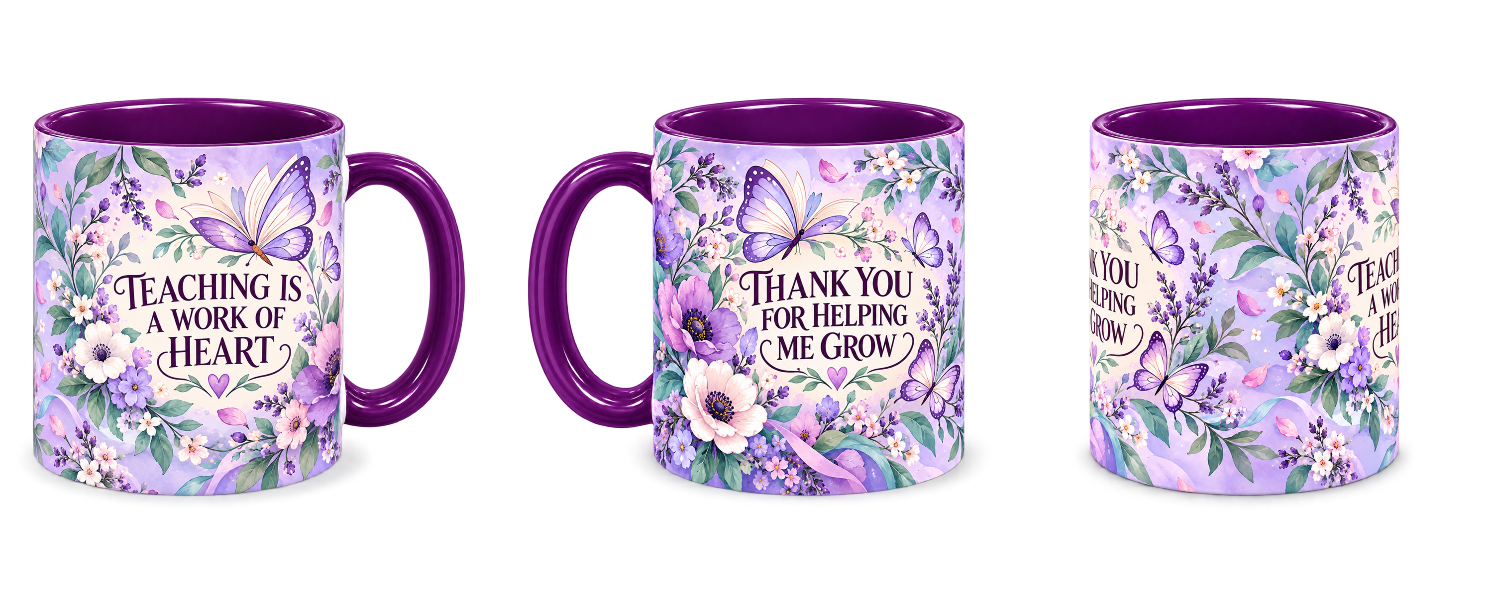 Violet Butterfly Lessons Teacher Mug, purple – right, left and centre views side by side