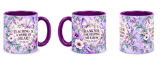 Violet Butterfly Lessons Teacher Mug, purple – right, left and centre views side by side