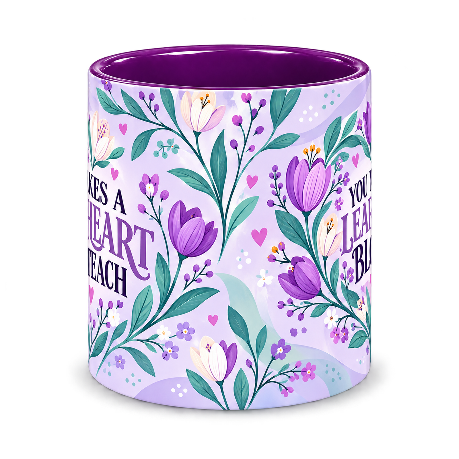 Violet Tulip Thank You Teacher Mug, purple – centre view of the full-wrap pattern