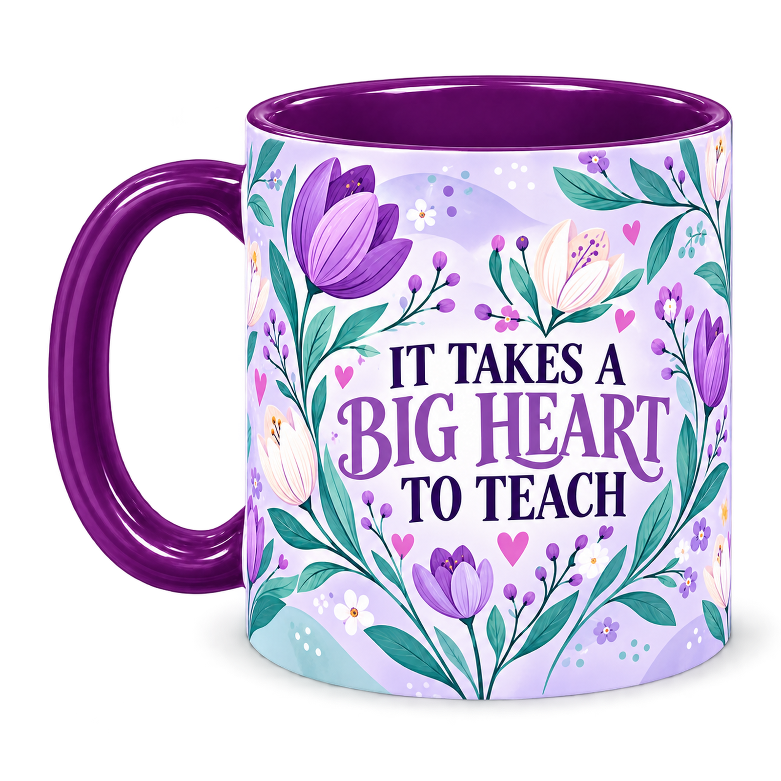 Violet Tulip Thank You Teacher Mug, purple – handle on the left, IT TAKES A BIG HEART TO TEACH