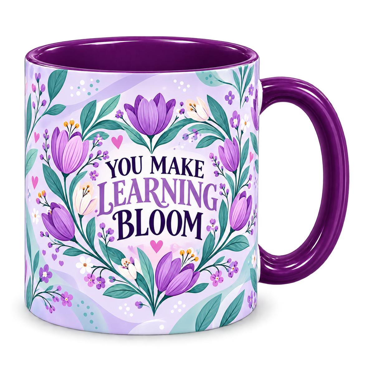 Violet Tulip Thank You Teacher Mug, purple – handle on the right, YOU MAKE LEARNING BLOOM