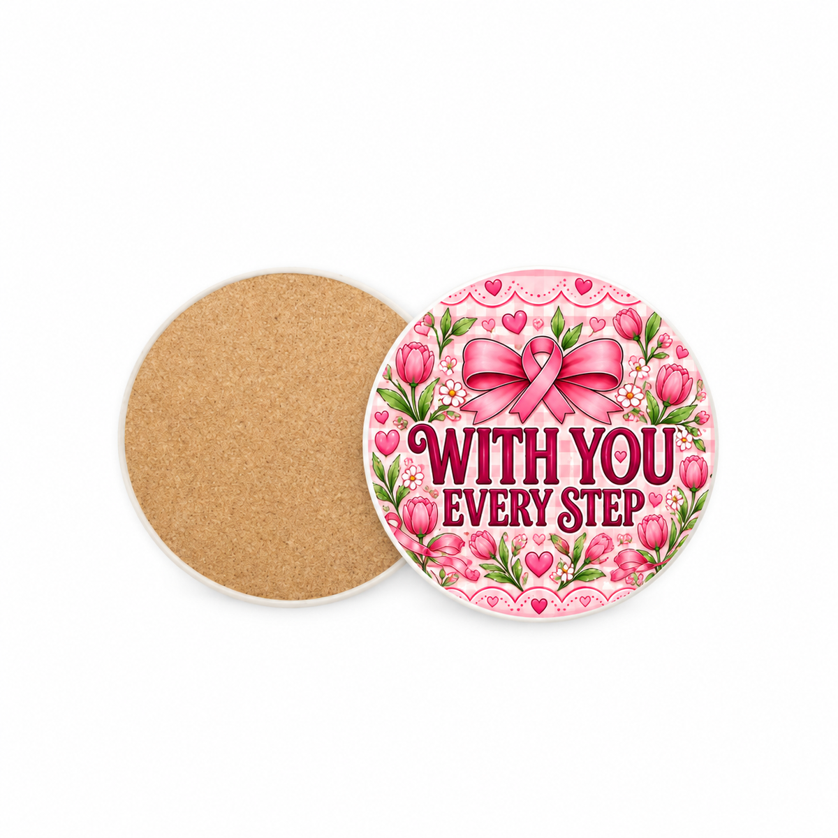 With You Pinktober 10cm round ceramic coaster, printed front and cork back