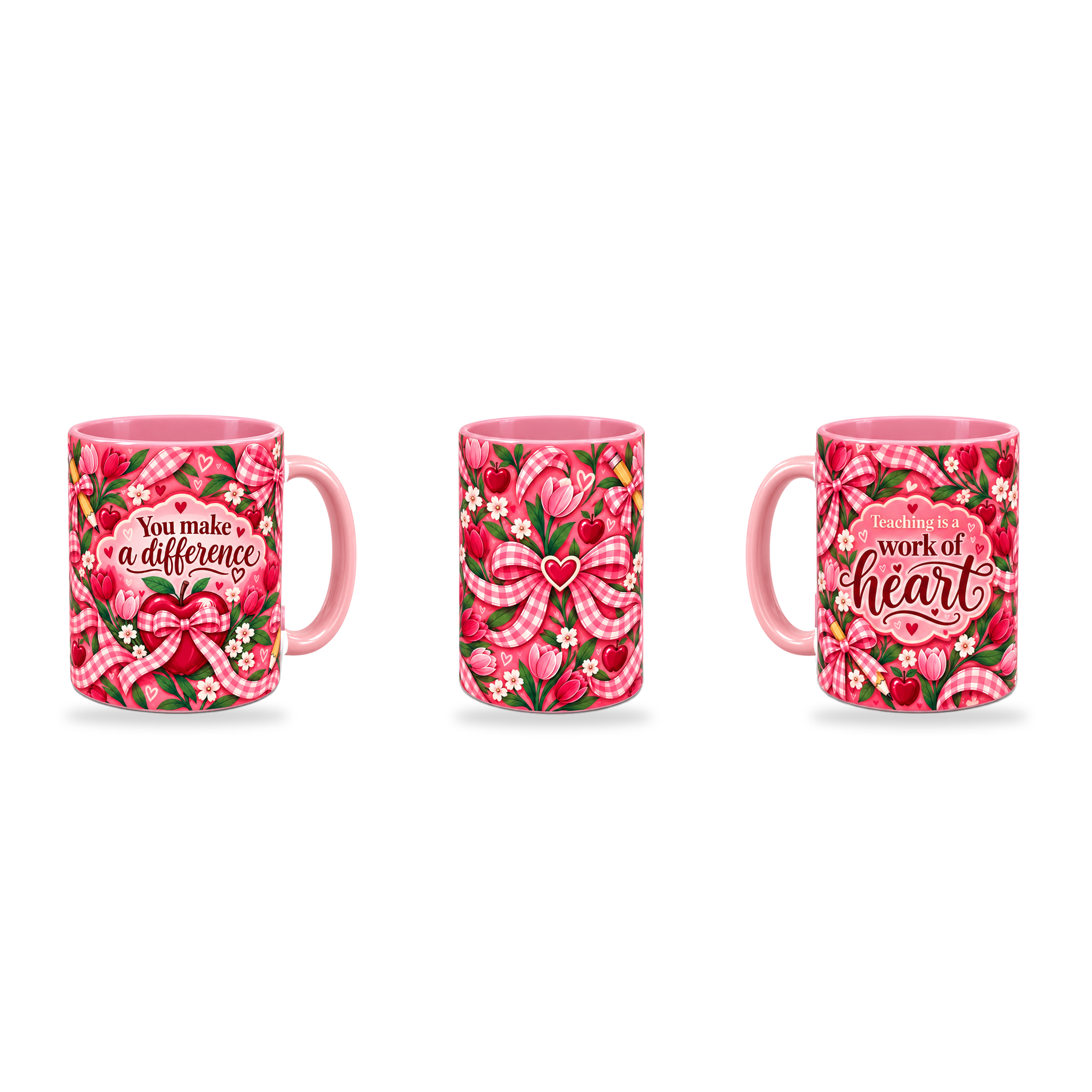 Work Of Heart Mug – 320ml, Pink ceramic mug, three-angle overview of the Teacher’s Day artwork