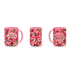 Work Of Heart Mug – 320ml, Pink ceramic mug, three-angle overview of the Teacher’s Day artwork