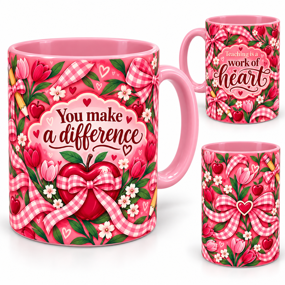 Work Of Heart Mug – 320ml, pink ceramic mug, views of the full-wrap Teacher’s Day design