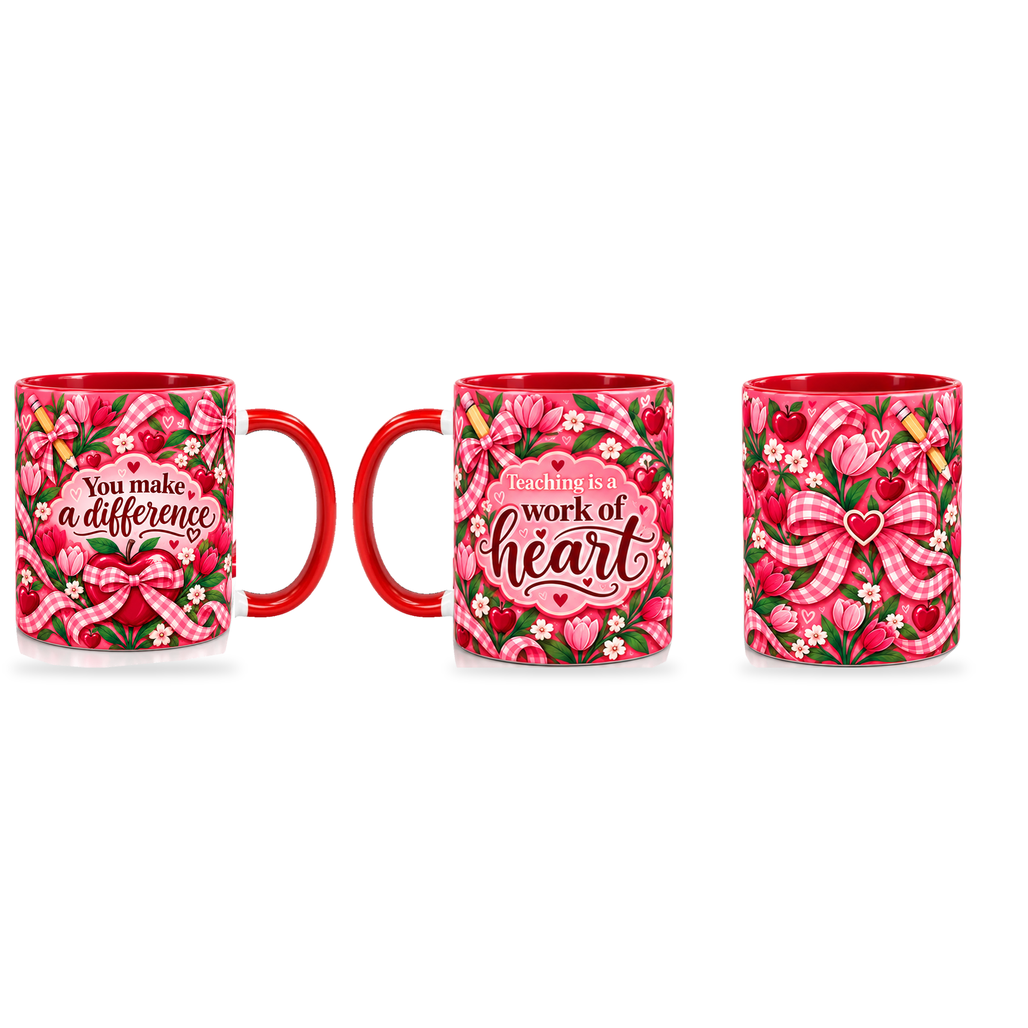Work Of Heart Mug – 320ml — right, left and front views together on a transparent background
