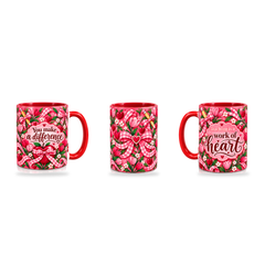Work Of Heart Mug – 320ml, Red ceramic mug, three-angle overview of the Teacher’s Day artwork
