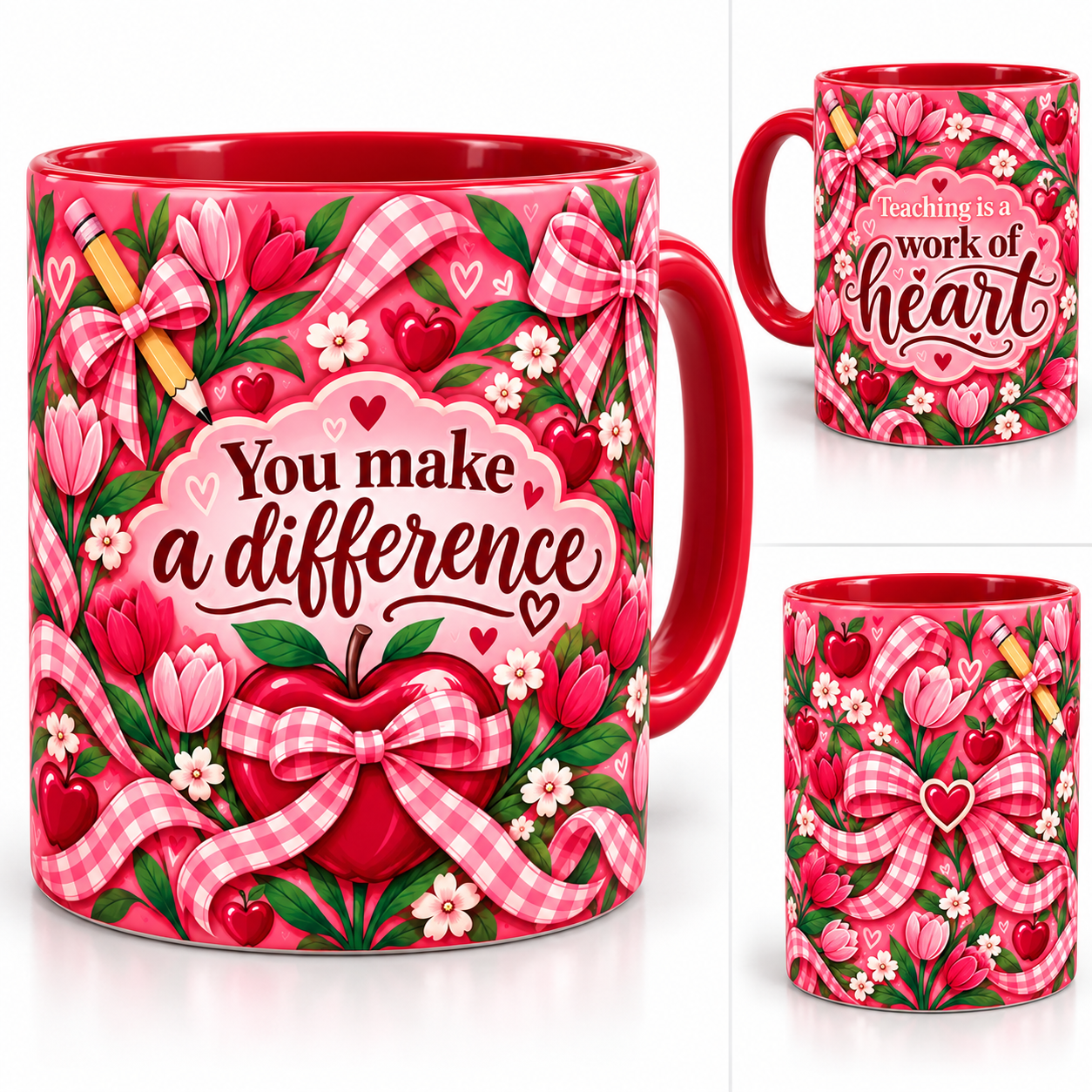 Work Of Heart Mug – 320ml, red ceramic mug, views of the full-wrap Teacher’s Day design