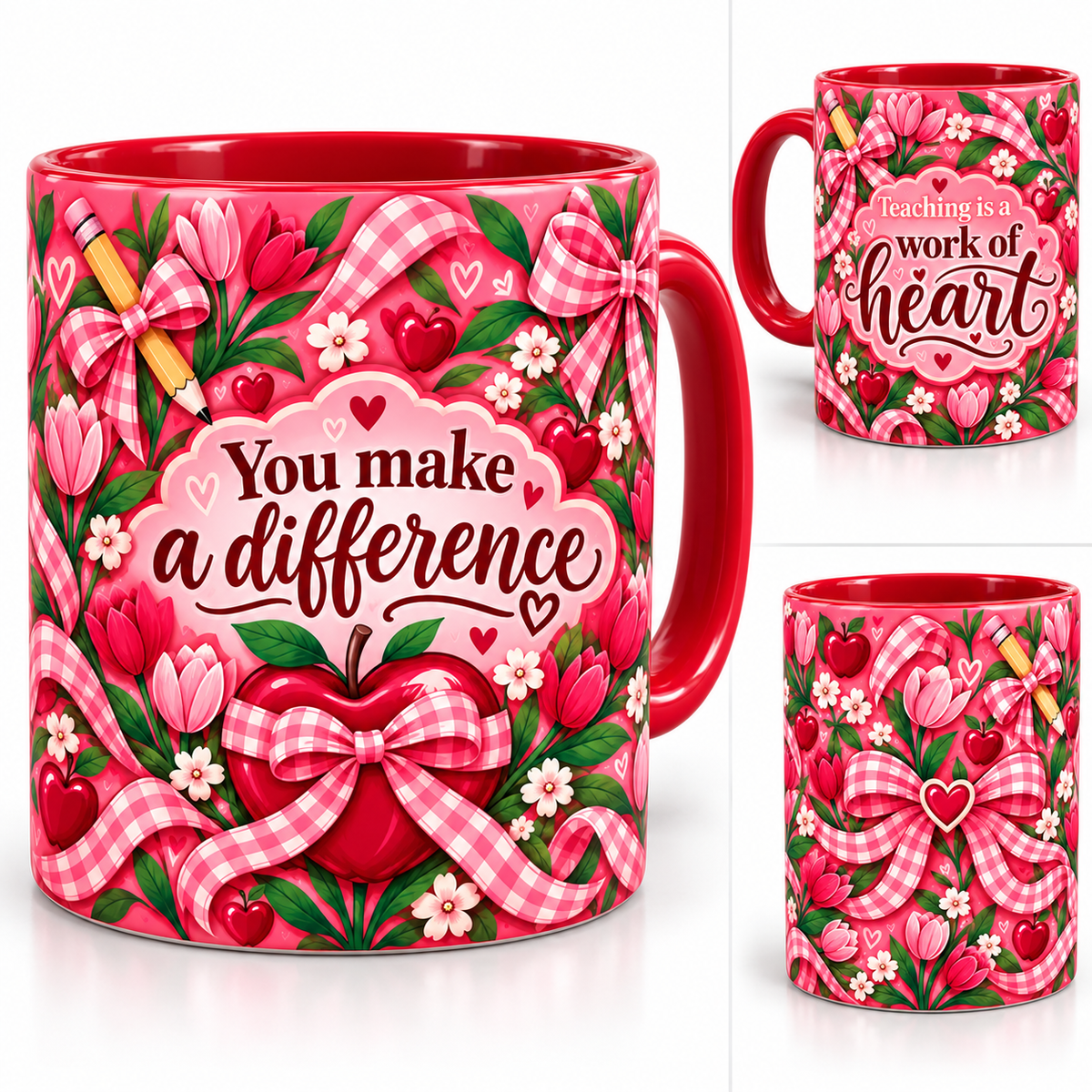 Work Of Heart Mug – 320ml, red ceramic mug, views of the full-wrap Teacher’s Day design