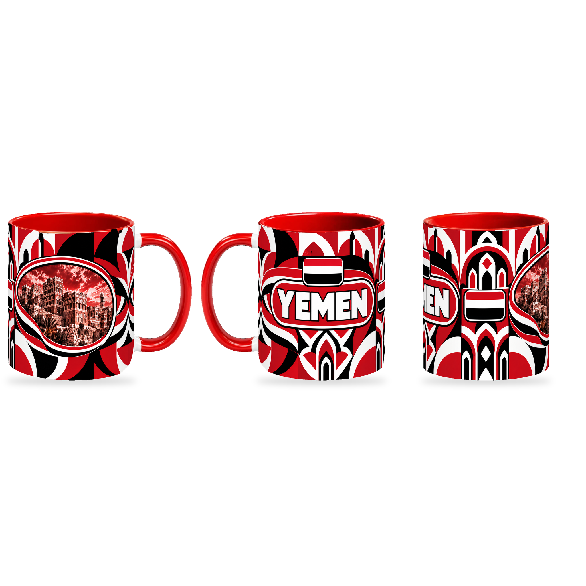 Yemen Mug – 320ml — three matching angles together on a white background with a soft shadow